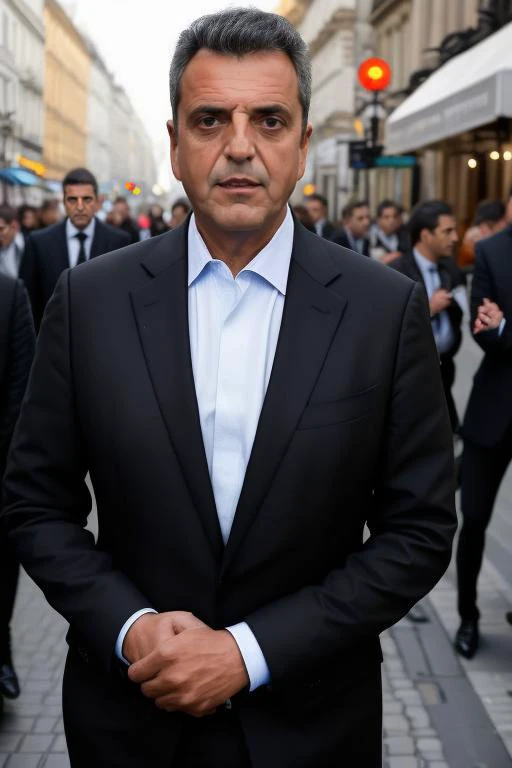 portrait of man with black suit in the middle of the street, background people, high detailed face, high quality, 8k <lora:mas44:1>