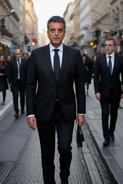 portrait of man with black suit in the middle of the street, background people, high detailed face, high quality, 8k <lora:mas44:1>