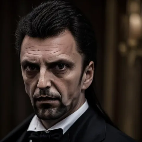 sks man, dressed like (dracula:1) with (serious look:1.5) with long hair looking to the camera, dracula <lora:mas44:1> bram stoker