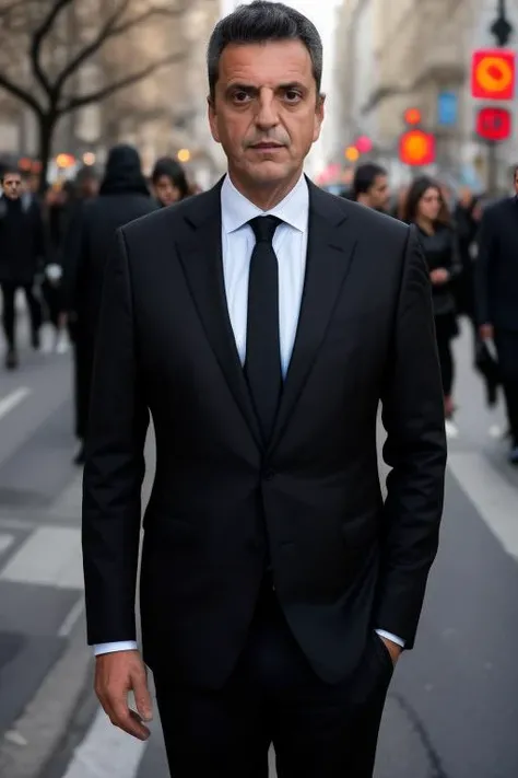 portrait of man with black suit in the middle of the street, background people, high detailed face, high quality, 8k <lora:mas44:1>