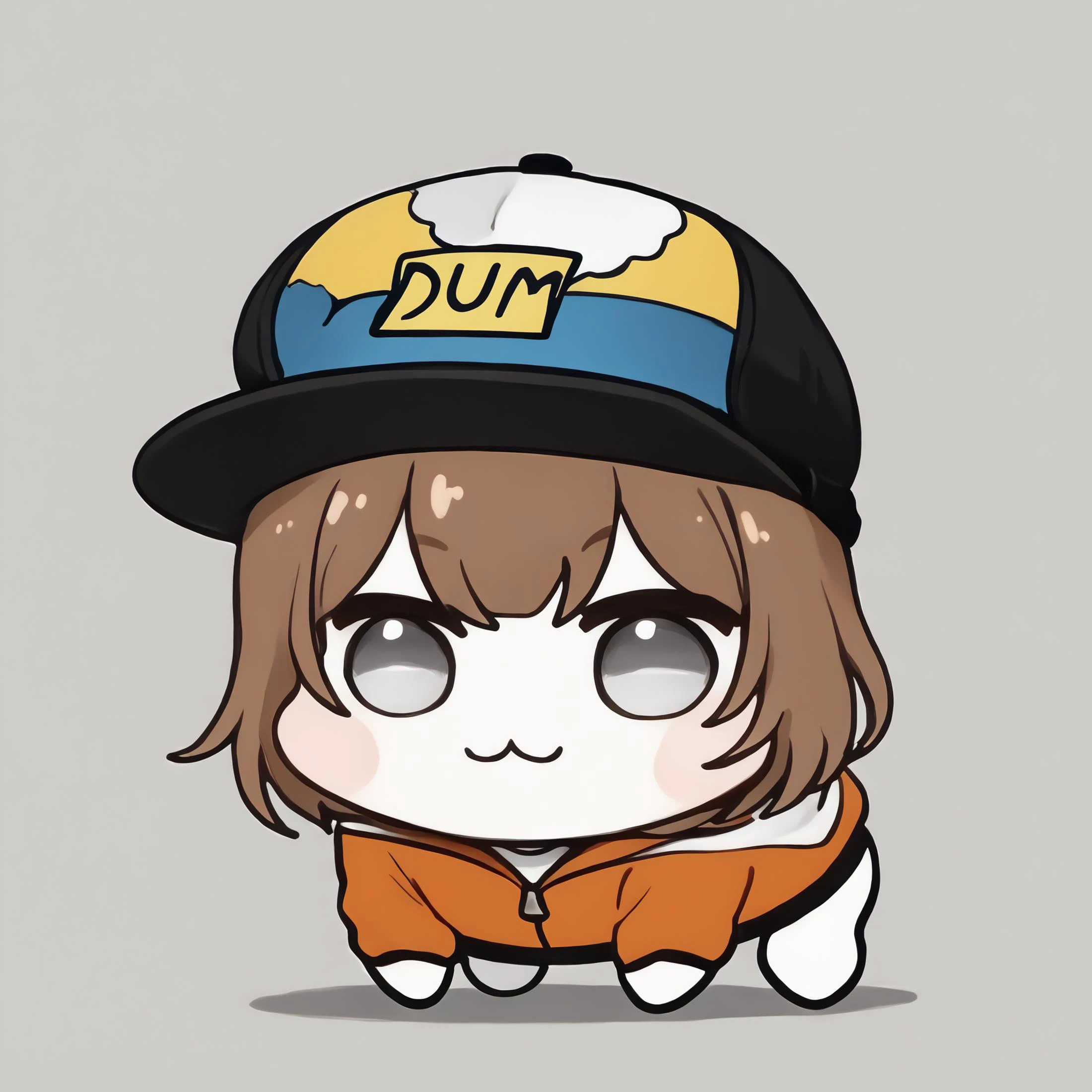 score_9, score_8_up, score_7_up, score_6_up, solo BREAK <lora:Carson_PDXL:.9> <lora:Doro_X_PDXL_V1:1> doro, trucker hat, wjhat:1.3, creature, :3, chibi, no humans, white skin, four legs, solid circle eyes, no pupils, tptownie, grey eyes, dumstickyNote, sticker, <lora:DumStickyNote_XLPD:1.1> simple background, white background, short hair, <lora:StS_detail_slider_v1:0.4> brown hair:.2 orange jacket, bottomless,