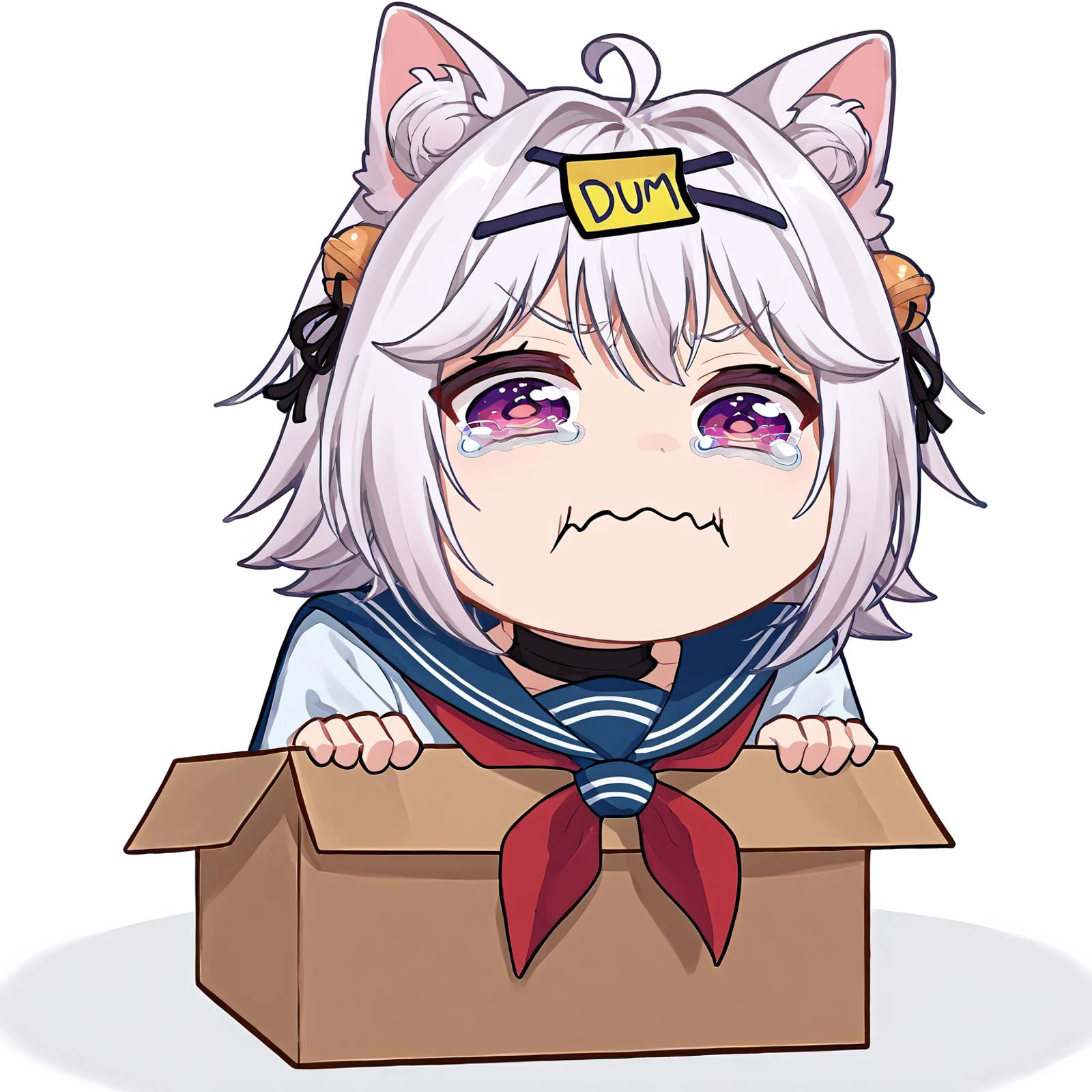 score_9, score_8_up, score_7_up, source_anime, <lora:DumStickyNote_XLPD:1>, dumstickyNote, sticker, b0xe, chibi, in box, aquacrying, wavy mouth, closed mouth, tearing up, <lora:boxed_potat_v1:1> , <lora:concept_aquacrying_ponyXL:0.8>, white background, <lora:ChamFilianPonyXL:0.8>, FilianSailor, short hair, hairclip, hair bell, serafuku, red neckerchief, chibi in a box with a sticker on forehead