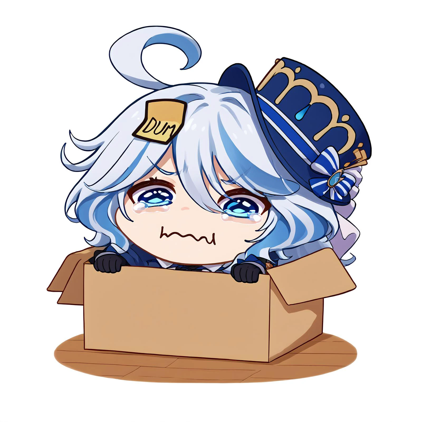 score_9, score_8_up, score_7_up, source_anime, BREAK <lora:DumStickyNote_XLPD:1>, dumstickyNote, sticker, b0xe,chibi, in box, aquacrying, wavy mouth, closed mouth, tearing up, <lora:boxed_potat_v1:1> , <lora:concept_aquacrying_ponyXL:0.8>, white background,
<lora:genshinimpact_furina_ponyXL:1>, furinadef, ahoge, blue headwear, top hat, jacket, ascot, long sleeves, black gloves, white gloves,