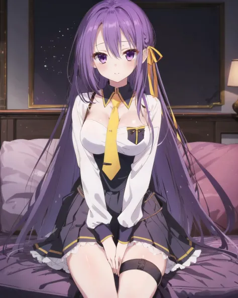 (masterpiece, Highest quality:1.2), One girl, alone,Are standing_Split,
Light purple hair、Semi-long hair、Pale purple eyes、, hair ornaments,,Green Check Skirt, Sainan High , , White shirt, Yellow sweater vest,No panties