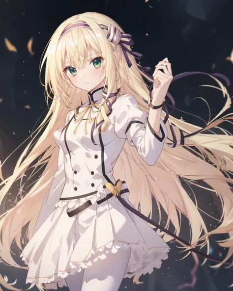 masterpiece, best quality, 1 girl, <lora:RinsletLaurenfrost:0.8>, rinslet laurenfrost, blonde hair, long hair, green eyes, hairband, school uniform, neck ribbon, white pleated skirt, white pantyhose,