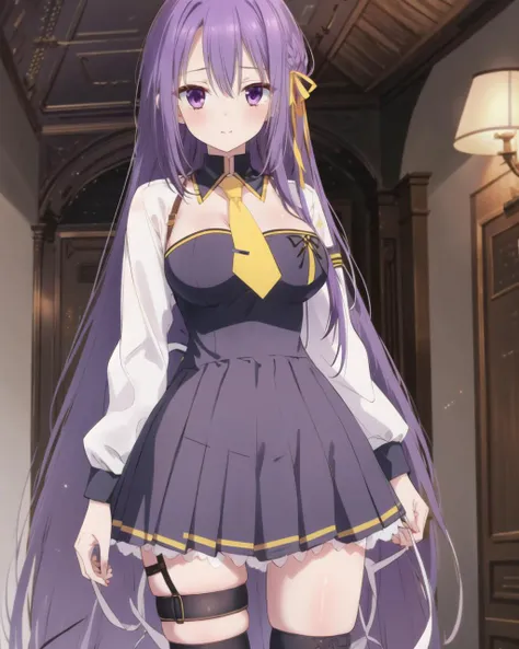 masterpiece, best quality, 1 girl, <lora:FiannaRayOrdesia:0.8>, fianna ray ordesia, purple hair, long hair, purple eyes, yellow hair ribbon, purple frilled dress, yellow necktie, pleated skirt, thigh strap,