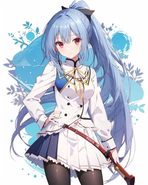 masterpiece, best quality, 1 girl, <lora:EllisFahrengart:0.8>, ellis fahrengart, blue hair, long hair, ponytail, red eyes, white hair ribbon, school uniform, white shirt, white vest, buttons, frills, yellow neck ribbon, sleeve cuffs, white miniskirt, pleated skirt, black pantyhose,