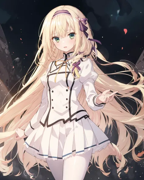 masterpiece, best quality, 1 girl, <lora:RinsletLaurenfrost:0.8>, rinslet laurenfrost, blonde hair, long hair, green eyes, hairband, school uniform, neck ribbon, white pleated skirt, white pantyhose,