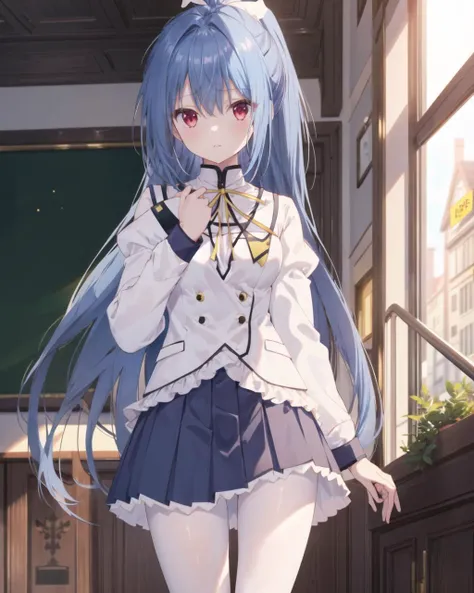 masterpiece, best quality, 1 girl, <lora:EllisFahrengart:0.8>, ellis fahrengart, blue hair, long hair, ponytail, red eyes, white hair ribbon, school uniform, white shirt, white vest, buttons, frills, yellow neck ribbon, sleeve cuffs, white miniskirt, pleated skirt, black pantyhose,
