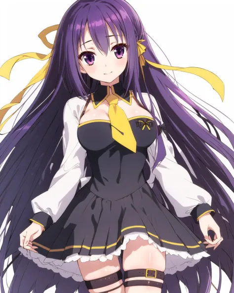 masterpiece, best quality, 1 girl, <lora:FiannaRayOrdesia:0.8>, fianna ray ordesia, purple hair, long hair, purple eyes, yellow hair ribbon, purple frilled dress, yellow necktie, pleated skirt, thigh strap,