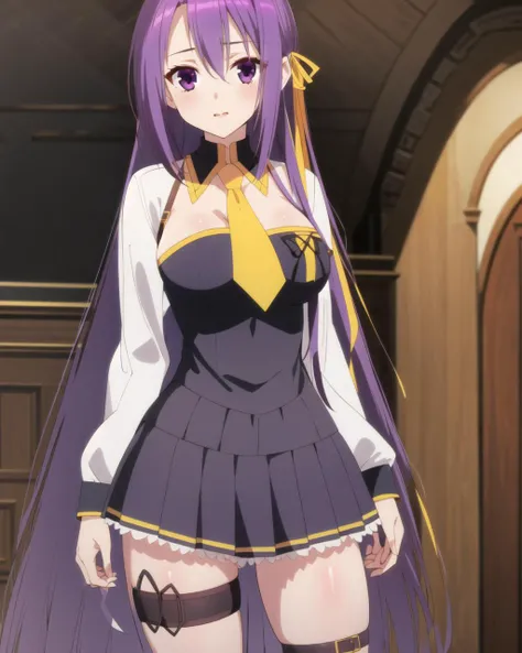masterpiece, best quality, 1 girl, <lora:FiannaRayOrdesia:0.8>, fianna ray ordesia, purple hair, long hair, purple eyes, yellow hair ribbon, purple frilled dress, yellow necktie, pleated skirt, thigh strap,