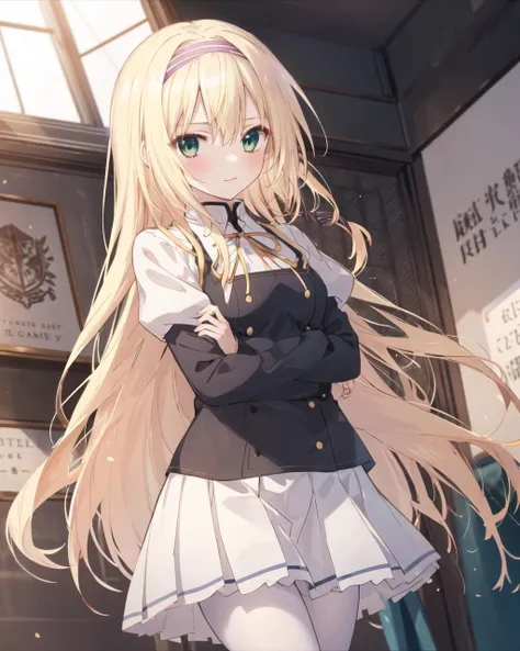 masterpiece, best quality, 1 girl, <lora:RinsletLaurenfrost:0.8>, rinslet laurenfrost, blonde hair, long hair, green eyes, hairband, school uniform, neck ribbon, white pleated skirt, white pantyhose,