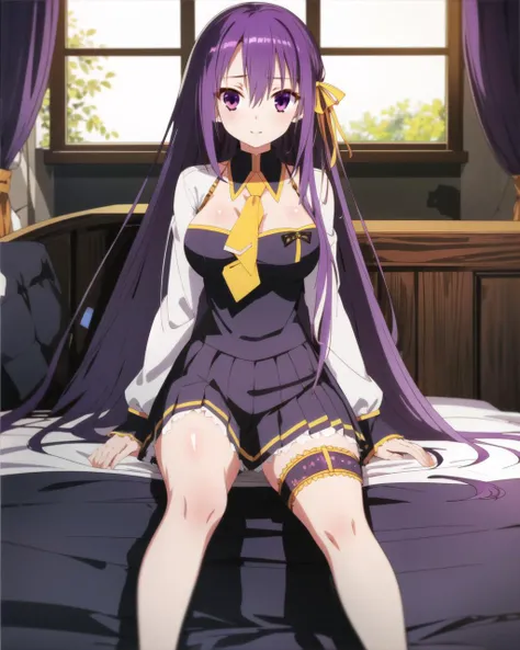 masterpiece, best quality, 1 girl, <lora:FiannaRayOrdesia:0.8>, fianna ray ordesia, purple hair, long hair, purple eyes, yellow hair ribbon, purple frilled dress, yellow necktie, pleated skirt, thigh strap,