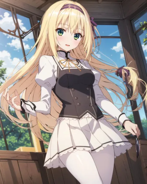 masterpiece, best quality, 1 girl, <lora:RinsletLaurenfrost:0.8>, rinslet laurenfrost, blonde hair, long hair, green eyes, hairband, school uniform, neck ribbon, white pleated skirt, white pantyhose,