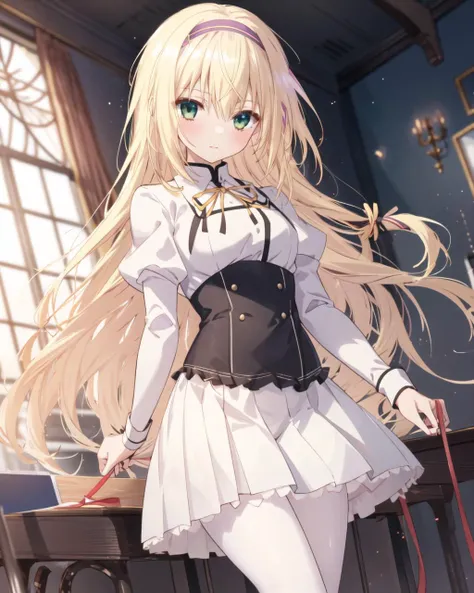 masterpiece, best quality, 1 girl, <lora:RinsletLaurenfrost:0.8>, rinslet laurenfrost, blonde hair, long hair, green eyes, hairband, school uniform, neck ribbon, white pleated skirt, white pantyhose,