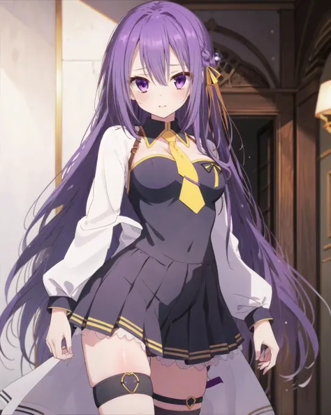masterpiece, best quality, 1 girl, <lora:FiannaRayOrdesia:0.8>, fianna ray ordesia, purple hair, long hair, purple eyes, yellow hair ribbon, purple frilled dress, yellow necktie, pleated skirt, thigh strap,