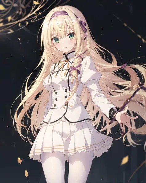 masterpiece, best quality, 1 girl, <lora:RinsletLaurenfrost:0.8>, rinslet laurenfrost, blonde hair, long hair, green eyes, hairband, school uniform, neck ribbon, white pleated skirt, white pantyhose,