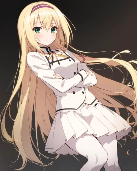 masterpiece, best quality, 1 girl, <lora:RinsletLaurenfrost:0.8>, rinslet laurenfrost, blonde hair, long hair, green eyes, hairband, school uniform, neck ribbon, white pleated skirt, white pantyhose,