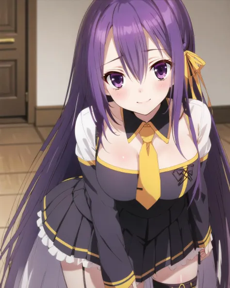 masterpiece, best quality, 1 girl, <lora:FiannaRayOrdesia:0.8>, fianna ray ordesia, purple hair, long hair, purple eyes, yellow hair ribbon, purple frilled dress, yellow necktie, pleated skirt, thigh strap,