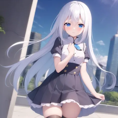 masterpiece, best quality,1girl,solo,terminus est,white hair,long hair,blue eyes,hair between eyes, blue frill dress, short sleeves, ,blue high waist pleated skirt,black thighhighs,<lora:TerminusEst:0.6>,shy,blush,cowboy shot, cityscape, one leg up, monocle,