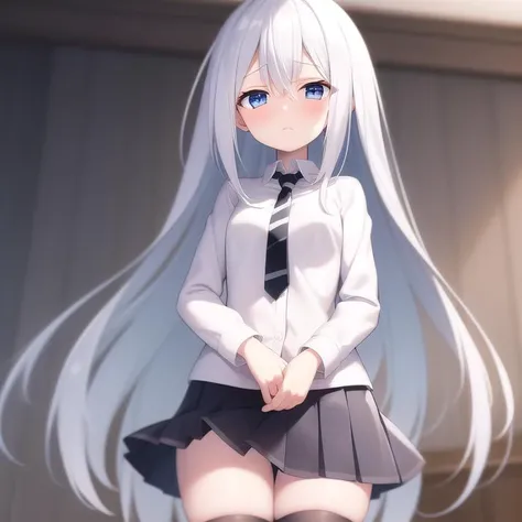 masterpiece, best quality,1girl,solo,terminus est,white hair,long hair,blue eyes,hair between eyes, white collared shirt, striped necktie,black pleated skirt,black thighhighs,<lora:TerminusEst:0.6>,shy,blush,cowboy shot,