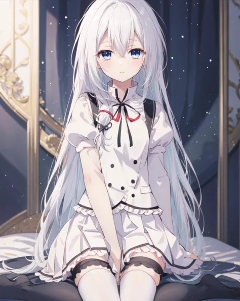 masterpiece, best quality, 1 girl, <lora:TerminusEst:0.8>, terminus est, white hair, long hair, blue eyes, hair between eyes, school uniform, white shirt, white vest, buttons, frills, puffy sleeves, neck ribbon, white pleated skirt, black thighhighs,