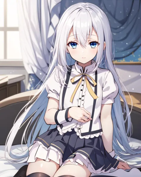 masterpiece, best quality, 1 girl, <lora:TerminusEst:0.8>, terminus est, white hair, long hair, blue eyes, hair between eyes, school uniform, white shirt, white vest, buttons, frills, puffy sleeves, neck ribbon, white pleated skirt, black thighhighs,