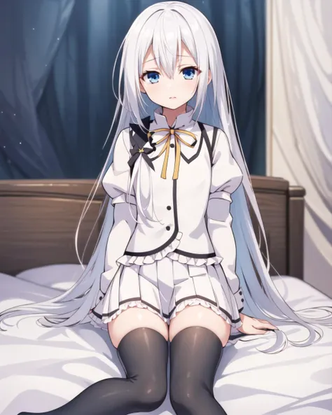 masterpiece, best quality, 1 girl, <lora:TerminusEst:0.8>, terminus est, white hair, long hair, blue eyes, hair between eyes, school uniform, white shirt, white vest, buttons, frills, puffy sleeves, neck ribbon, white pleated skirt, black thighhighs,