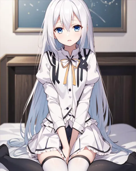 masterpiece, best quality, 1 girl, <lora:TerminusEst:0.8>, terminus est, white hair, long hair, blue eyes, hair between eyes, school uniform, white shirt, white vest, buttons, frills, puffy sleeves, neck ribbon, white pleated skirt, black thighhighs,