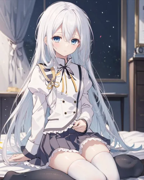 masterpiece, best quality, 1 girl, <lora:TerminusEst:0.8>, terminus est, white hair, long hair, blue eyes, hair between eyes, school uniform, white shirt, white vest, buttons, frills, puffy sleeves, neck ribbon, white pleated skirt, black thighhighs,