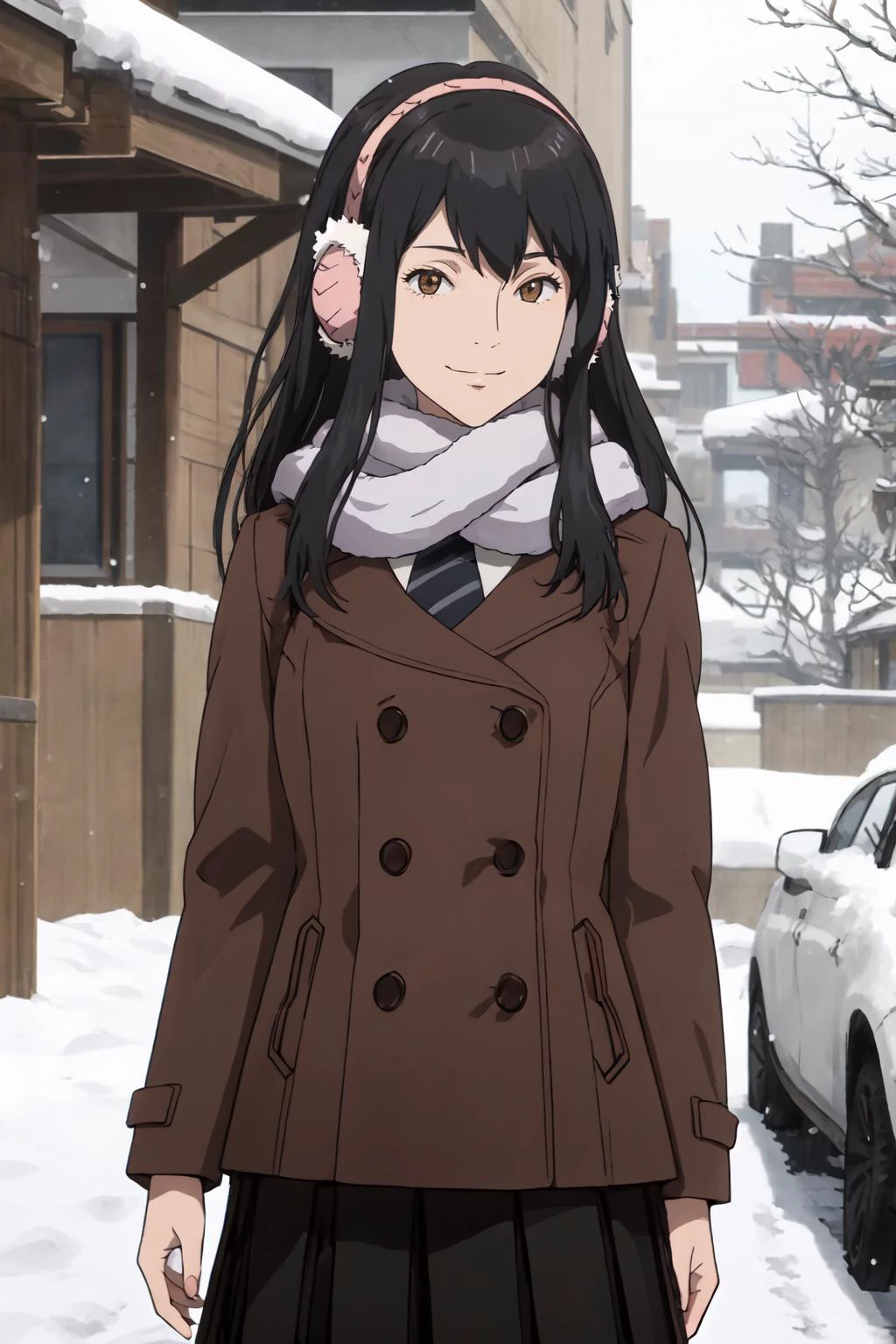 kanakimi, 1girl, solo, earmuffs, scarf, necktie, coat, pleated skirt, smile, looking at viewer, winter clothes, outdoors, snowing, snow, trees, breathing, anime coloring, <lora:kanakimi_V3-10:0.8>