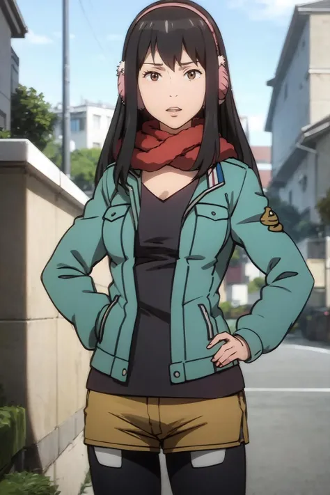 kanakimi, 1girl, solo, earmuffs, red scarf, green jacket, badge, black shirt, t-shirt, shorts, black pantyhose, pantyhose, legwear under shorts, anime coloring, hands on hips, lips <lora:kanakimi_V3-10:0.8>