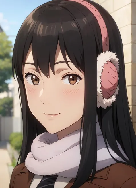 kanakimi, 1girl, solo, earmuffs, scarf, necktie, coat, looking at viewer, smile, lips, outdoors, day, sky, blush, anime coloring, closed mouth, portrait <lora:kanakimi_V3-10:0.7>