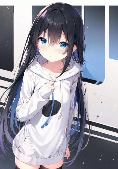 one girl, blue eyes, cute, cute face, flat chest, innocent, pure, loli, long hair, black hair, white hoodie, black short skirt, short skirt, shy, blush, embarrassed, look at you, cowboy shot