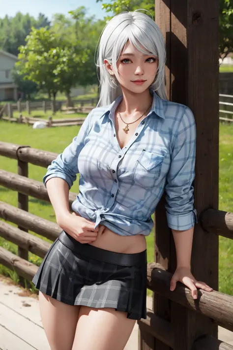 <lora:doa_patty:0.7> patty, plaid shirt, leather skirt, ranch, leaning on wooden fence