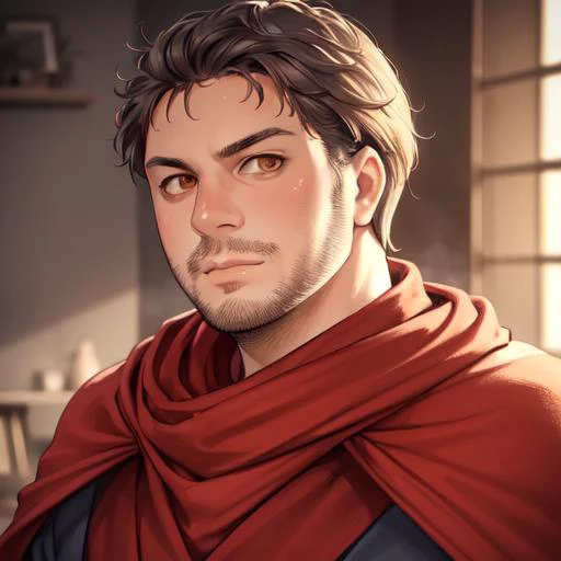 1boy, man, solo, jchk, portrait, looking at the viewer, red cape, male focus,( stubble:1.2), chubby, focus on face, close up, <lora:Jean-Christophe_Hembert_-_Karadoc_Kaamelott:1>