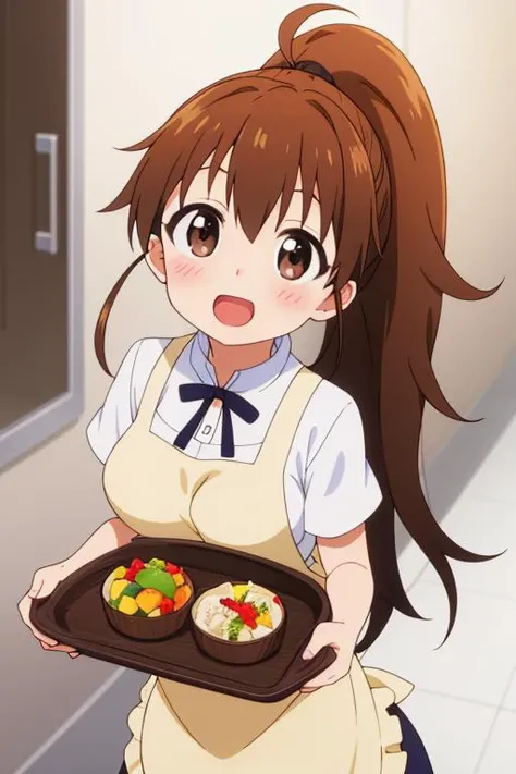 masterpiece,best quality,girl,ultra detail,petite,large breasts, looking up viewer,restaurant,popura taneshima, long hair, brown hair, brown eyes, ponytail, ahoge, <lora:popura taneshima s2-lora-nochekaiser:0.7>,yellow apron,smile,serving foods on tray,blush,open mouth