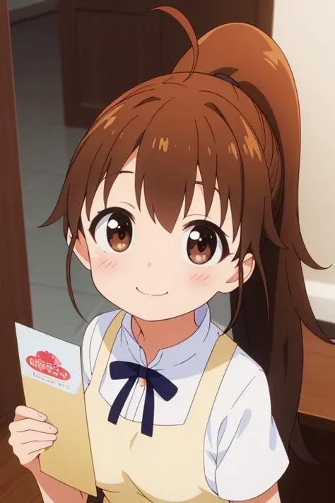 masterpiece,best quality,girl,ultra detail,petite,large breasts, upper body, looking up viewer,restaurant,popura taneshima, long hair, brown hair, brown eyes, ponytail, ahoge, <lora:popura taneshima s2-lora-nochekaiser:0.7>,yellow apron,smile,holding menu table,blush,
