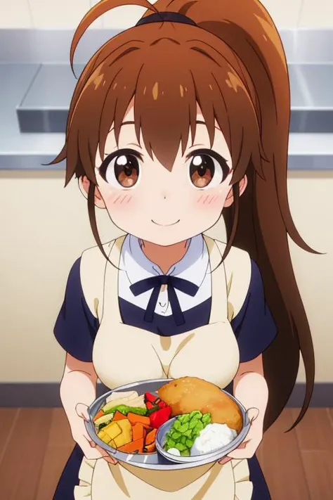 masterpiece,best quality,girl,ultra detail,petite,large breasts, looking up viewer,restaurant,popura taneshima, long hair, brown hair, brown eyes, ponytail, ahoge, <lora:popura taneshima s2-lora-nochekaiser:0.7>,yellow apron,smile,serving foods on tray,blush,