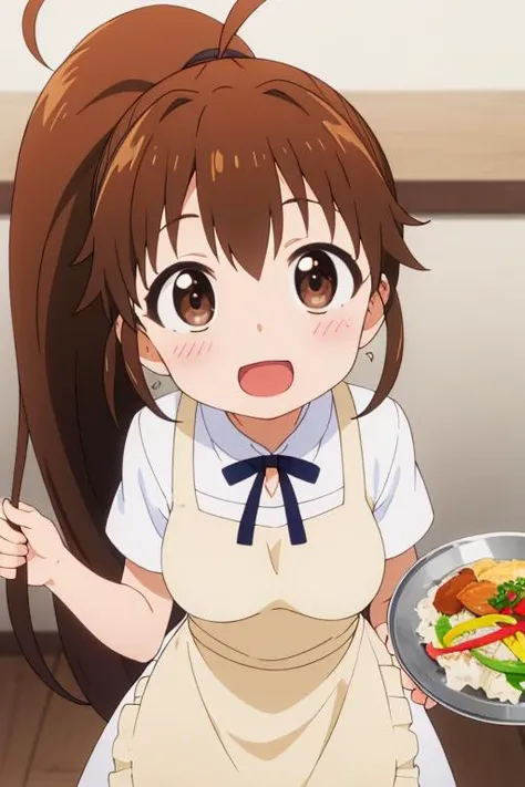 masterpiece,best quality,girl,ultra detail,petite,large breasts, looking up viewer,restaurant,popura taneshima, long hair, brown hair, brown eyes, ponytail, ahoge, <lora:popura taneshima s2-lora-nochekaiser:0.7>,yellow apron,smile,serving foods on tray,blush,open mouth