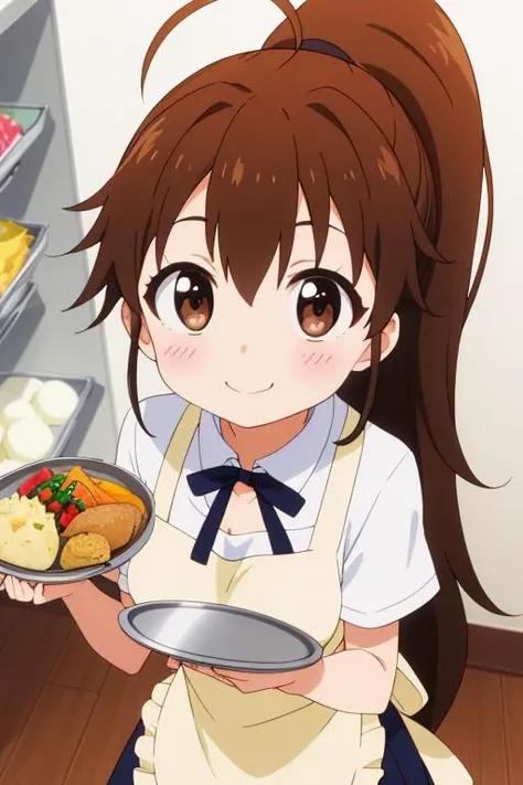 masterpiece,best quality,girl,ultra detail,petite,large breasts, looking up viewer,restaurant,popura taneshima, long hair, brown hair, brown eyes, ponytail, ahoge, <lora:popura taneshima s2-lora-nochekaiser:0.7>,yellow apron,smile,serving foods on tray,blush,
