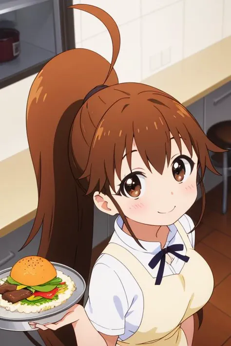masterpiece,best quality,girl,ultra detail,petite,large breasts, looking up viewer,restaurant,popura taneshima, long hair, brown hair, brown eyes, ponytail, ahoge, <lora:popura taneshima s2-lora-nochekaiser:0.7>,yellow apron,smile,serving foods on tray,blush,