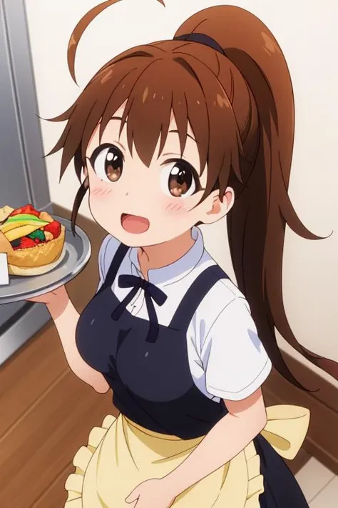 masterpiece,best quality,girl,ultra detail,petite,large breasts, looking up viewer,restaurant,popura taneshima, long hair, brown hair, brown eyes, ponytail, ahoge, <lora:popura taneshima s2-lora-nochekaiser:0.7>,yellow apron,smile,serving foods on tray,blush,open mouth