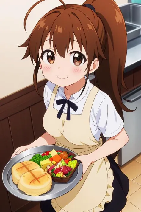 masterpiece,best quality,girl,ultra detail,petite,large breasts, looking up viewer,restaurant,popura taneshima, long hair, brown hair, brown eyes, ponytail, ahoge, <lora:popura taneshima s2-lora-nochekaiser:0.7>,yellow apron,smile,serving foods on tray,blush,