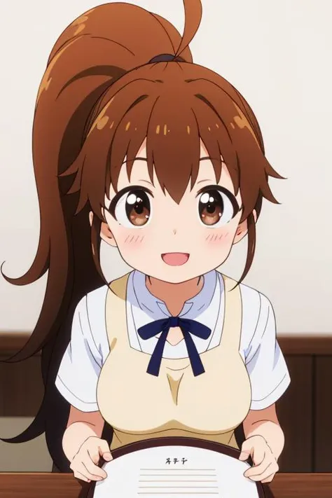 masterpiece,best quality,girl,ultra detail,petite,large breasts, upper body, looking up viewer,restaurant,popura taneshima, long hair, brown hair, brown eyes, ponytail, ahoge, <lora:popura taneshima s2-lora-nochekaiser:0.7>,yellow apron,smile,holding menu table,blush,