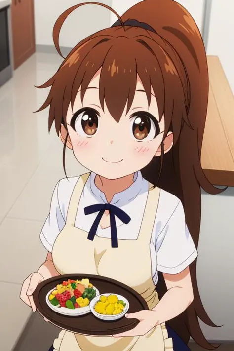 masterpiece,best quality,girl,ultra detail,petite,large breasts, looking up viewer,restaurant,popura taneshima, long hair, brown hair, brown eyes, ponytail, ahoge, <lora:popura taneshima s2-lora-nochekaiser:0.7>,yellow apron,smile,serving foods on tray,blush,