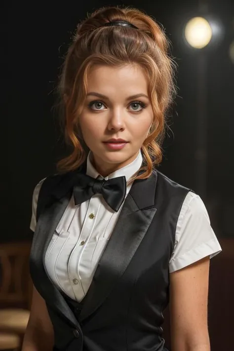 DeaLunTTXV1A,
a beautiful woman posing for masterpiece photo, wearing a black tuxedo vest and a white shirt and black bow tie around her neck, hair in a ponytail, (restauant ambience:1.2),
(ginger hair:1.2),
(professional photo shooting), (high buget photo), (extremely detailed skin), (flawless skin), (model pose), (highly detailed facial features),
(perfect color grading), (High-quality textures and materials), (perfect setup and environments:1.9), (accurate light and shadow effects), (perfect visual quality),
(natural light), (high quality photography), (intricate details), (8k), (HDR), (sharp focus), (medium view:1.2), (dark atmosphere:1.2)