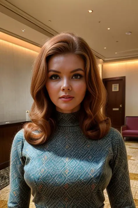 DeaLunTTXV1A,
a beautiful woman posing for masterpiece photo in black-colored ribbed high neck cotton dress, (luxery hotel lobby ambience), (diamond pattern dress),
(ginger hair:1.2), (1960s hairsytle:1.5),
(professional photo shooting), (high buget photo), (extremely detailed skin), (flawless skin), (model pose), (highly detailed facial features),
(perfect color grading), (High-quality textures and materials), (perfect setup and environments:1.9), (accurate light and shadow effects), (perfect visual quality),
(natural light), (high quality photography), (intricate details), (8k), (HDR), (sharp focus), (medium view:1.2), (dark atmosphere:1.2)