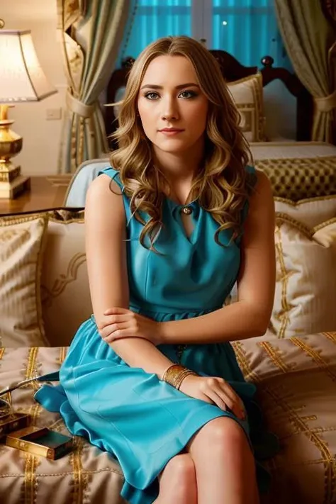 <lora:s401rs3r0n4n:0.9>, a Realistic Portrait of s401rs3r0n4n with blue eyes and blonde Hair style, dress, jewelry, sitting, sleeveless, indoors, bracelet, bed, blue dress, arm support, box, realistic, lamp, fine art parody, soft lighting, professional Photography, Photorealistic, detailed eyes, RAW, analog, sharp focus, 8k, HD, DSLR, high quality, Fujifilm XT3, film grain, award winning, masterpiece