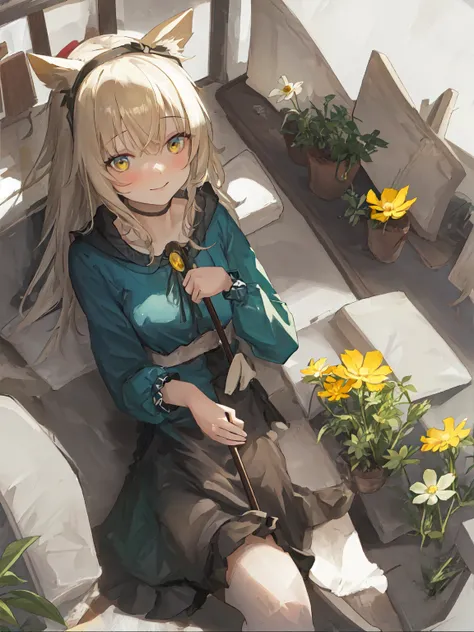 masterpiece, best quality, 1girl, Podencodress, <lora:ptc-000004:1>, little smile, multicolored background, flower, dynamic color, holding staff,